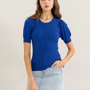 NWT Hyfve Double Zero Ribbed Puff Sleeve Knit Top In Cobalt